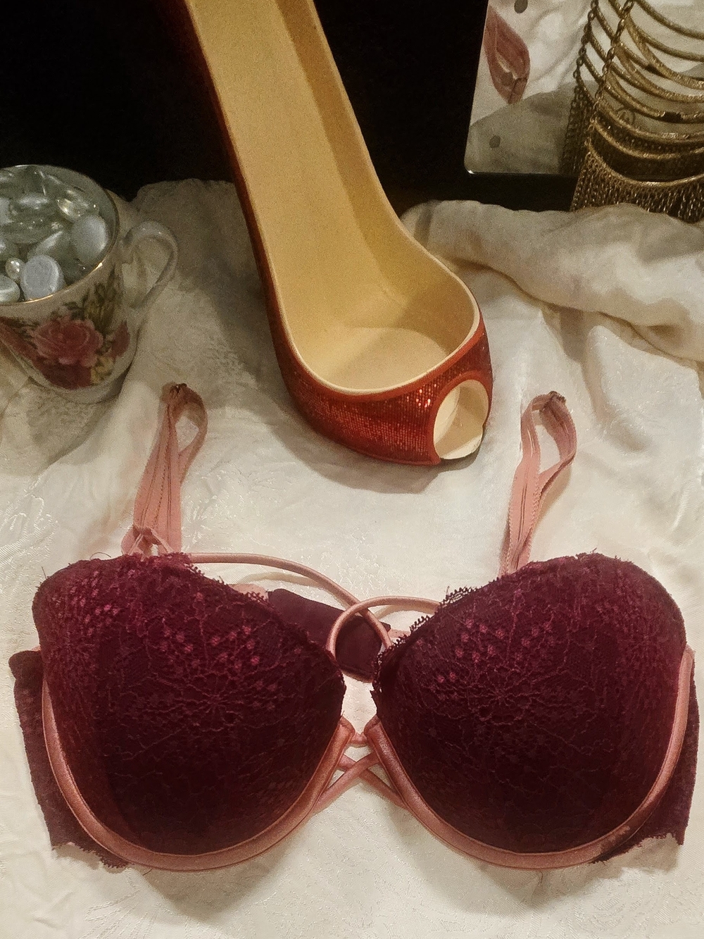 PINK Victoria's Secret Lace Push-Up Bra in Burgundy and Pink
